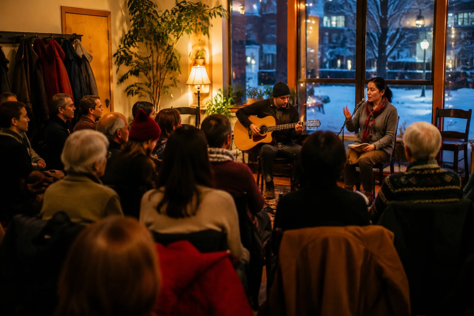 A storyteller and acoustic musician performing for a seated community audience.