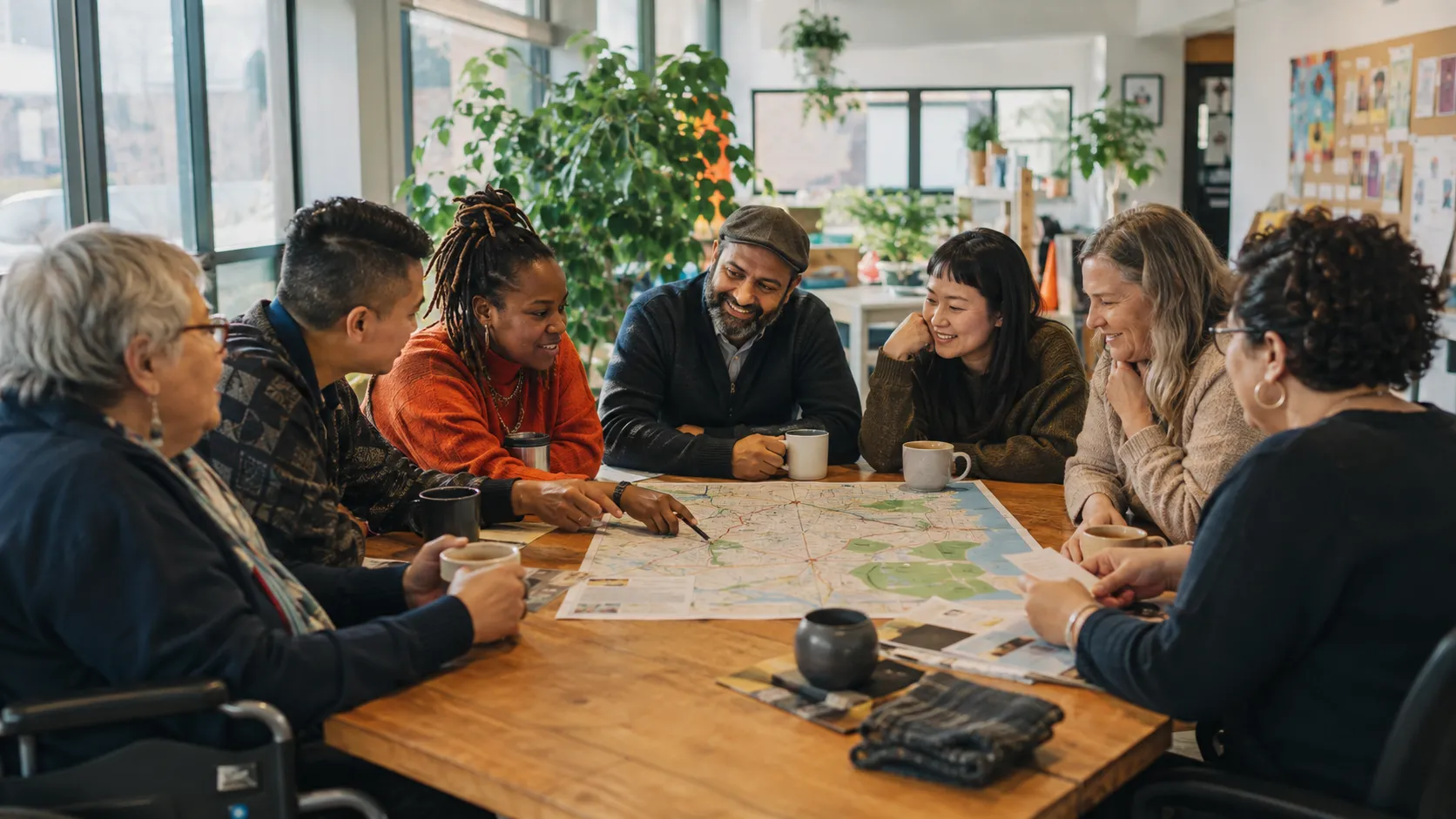 Adults gathered around a table studying a shared planning map.