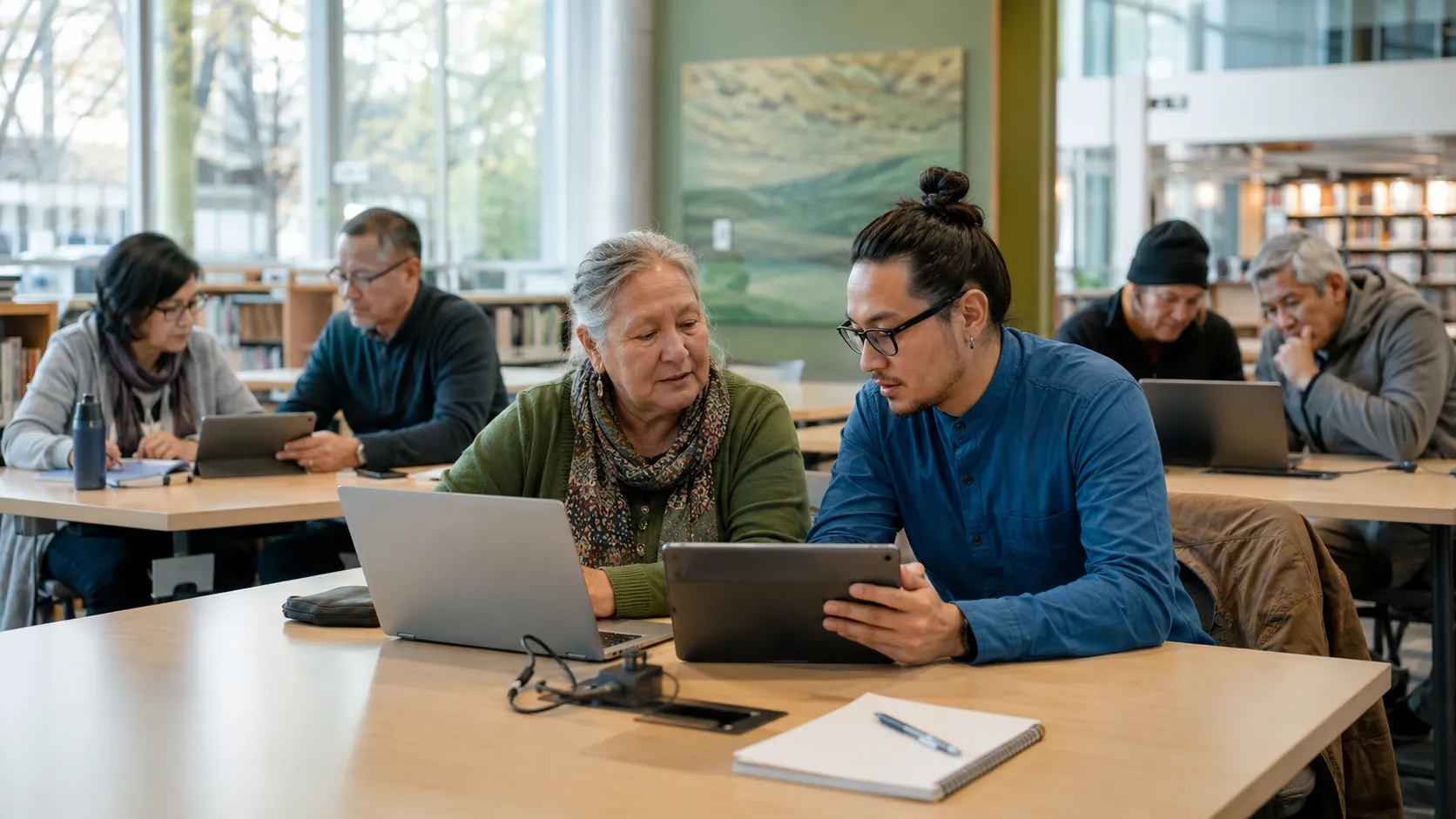 Two adults working together on a laptop and tablet in a public library.